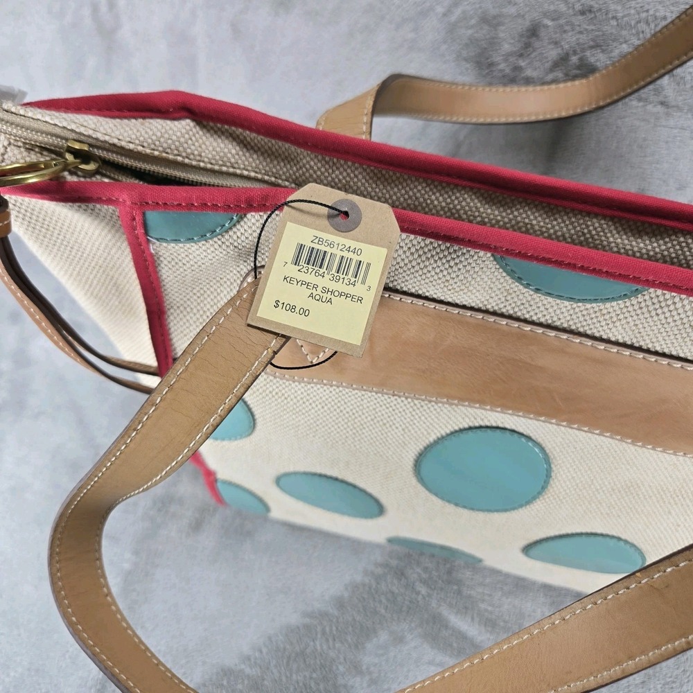 Fossil Key Per Shopper Tote Womens Large Aqua Woven Polka Dot New - Picture 7 of 13